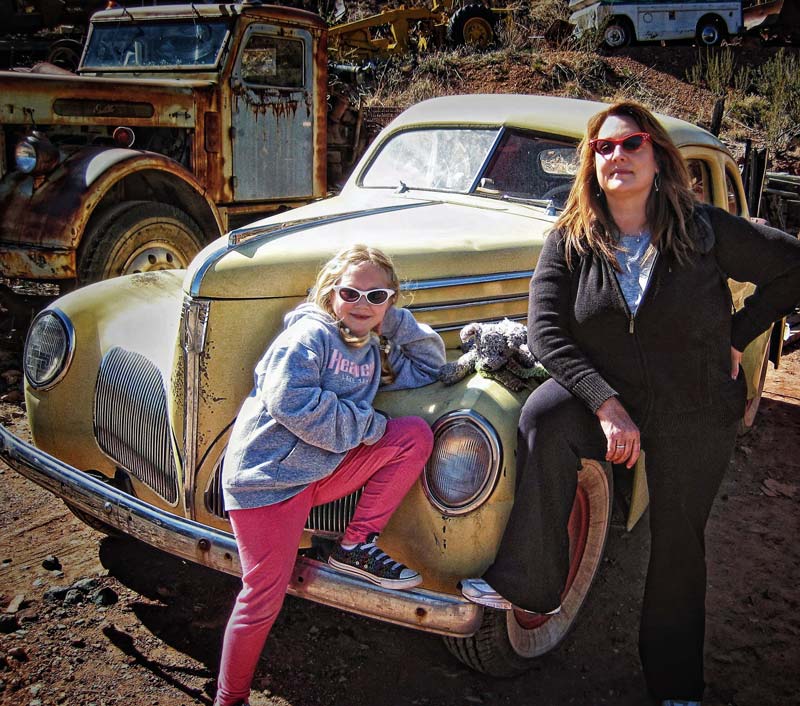 Olivia & Dotty in front of Studebaker